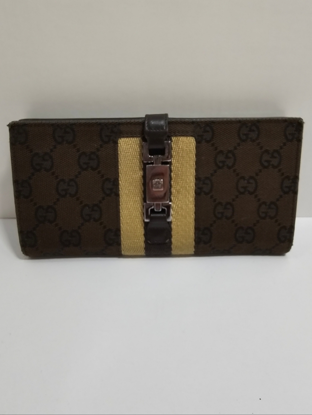 Auth. Vintage Gucci Jackie Piston Lock Long Wallet GG Monogram Canvas Brown